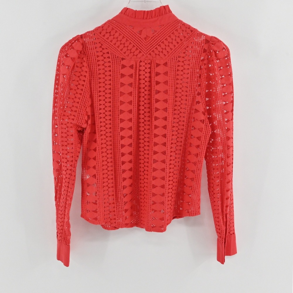 Anthropologie Lace Ruffle Neck Blouse Womens Size 4 Red Crochet Boho Eyelet Top - Picture 2 of 8